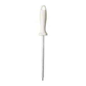 Professional stainless steel sharpening rod with ergonomic white handle for kitchen knives