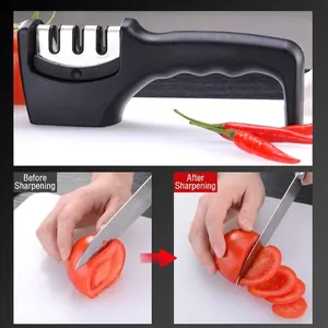 Professional 3-stage kitchen knife sharpener with before and after slicing demo