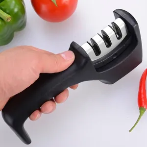 Professional 3-stage manual knife sharpener for kitchen knives and scissors, black ergonomic grip