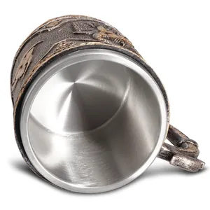 Macro view of Viking resin beer mug showing the durable stainless steel inner liner.