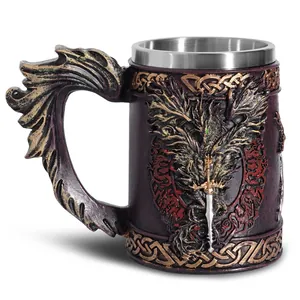 Mittelalterlicher Drache Schwert Humpen Bierkrug Edelstahl Auskleidung Harz Relief Fantasy Gotik Gefäß Party Deko Geschenk