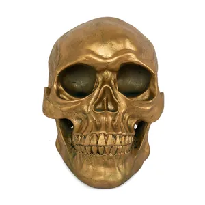 Vista dettagliata di una scultura di teschio umano in resina dorata per decorazione.