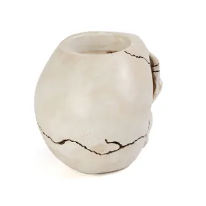 Macro detail of cream-colored resin skull candle holder featuring realistic crack patterns.