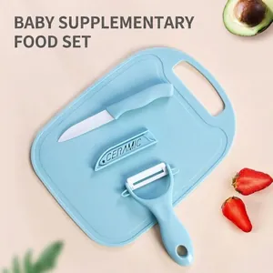 3-piece ceramic knife set with light blue cutting board and peeler for baby food