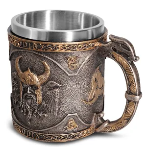 Detailed Viking beer mug with Odin carving and stainless steel liner for cold beverages
