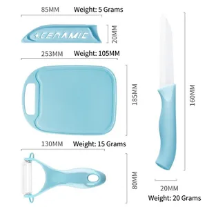 Complete 3-piece ceramic kitchen knife set including fruit knife, peeler, and cutting board