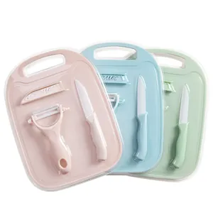 3-piece ceramic knife set with fruit knife peeler and cutting board in pastel colors