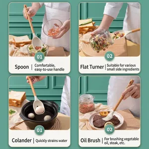 Professional silicone kitchen utensil set with wooden handles for non-stick cookware
