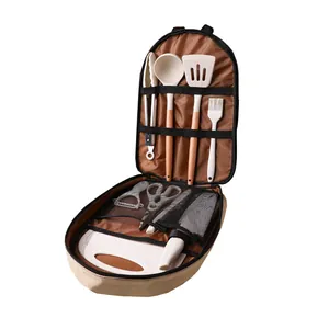 Portable outdoor kitchen utensil set with camping storage bag for picnic