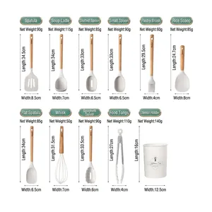 11-piece white silicone kitchen utensil set with wooden handles and storage bucket