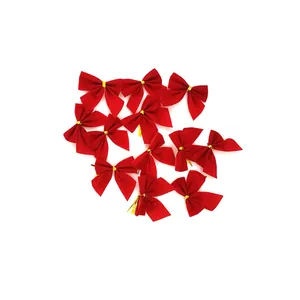 Set of twelve decorative mini red velvet Christmas bows with elegant golden twist ties