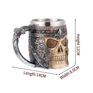 Gothic skull mug with medieval helmet design resin exterior and stainless steel liner