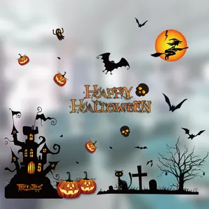 Detailed view of Halloween window sticker set with witch, pumpkin, and spooky castle motifs.