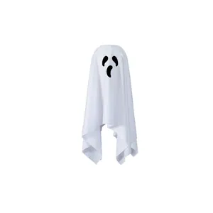 Close-up of a white Halloween ghost hanging prop with black screaming face design
