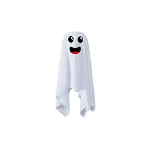 Detail view of a white Halloween ghost prop with a cute cartoon face on a white background