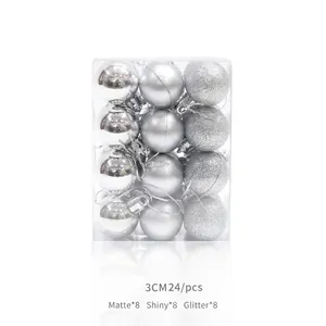 Detailed view of 24pcs 3cm silver Christmas balls in matte, shiny, and glitter finishes.