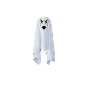 Detail view of a white Halloween ghost hanging decoration with scary cartoon face