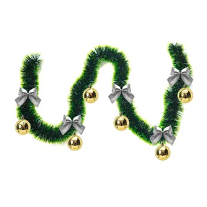2m green Christmas tinsel garland with silver bows and gold baubles for tree decor