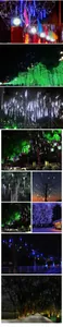 Vibrant application scenes of waterproof 1m meteor shower LED lights for outdoor tree decor