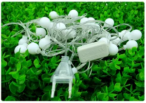 Detail view of frosted globe LED string lights showing the controller and power plug component
