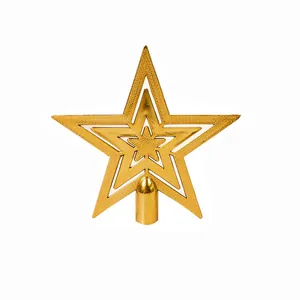 Detailed view of a golden multi-layered Christmas tree star topper on white background.