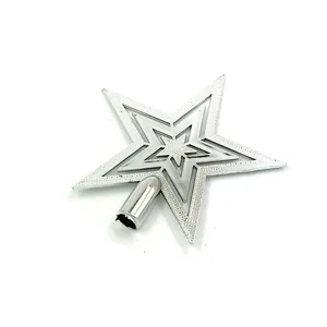 Elegant silver five-pointed star Christmas tree topper for festive holiday decoration.