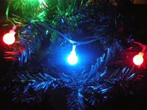 Detailed close-up of colorful frosted LED ball string lights on dark green Christmas tree