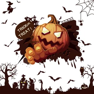 Detailed view of spooky Halloween pumpkin and witch silhouette window static stickers
