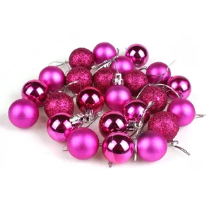 Detail view of 3cm magenta Christmas baubles in matte, shiny, and glitter finishes