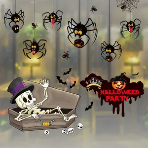 Detailed view of cartoon Halloween static window clings featuring skeletons and spiders