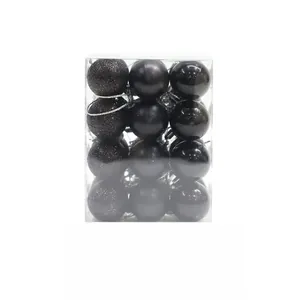 Close-up detail of 24 pieces 3cm black Christmas baubles in various finishes