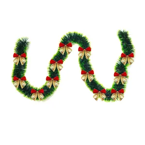 2m green Christmas tinsel garland with red and gold bows for tree and window decoration