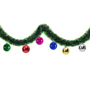 Festive 2m Green Christmas Tinsel Garland featuring Six Colorful Hanging Ball Ornaments