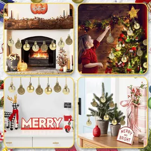 Collage showing golden 3cm Christmas ornaments decorating trees and fireplaces