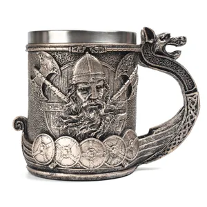 Jarra de Cerveza Vikinga Medieval Cabeza de Dragón Taza de Acero Inoxidable Tallada en 3D Decoración de Guerrero Nórdico