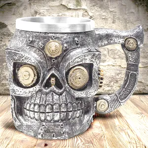 Steampunk Totenkopf Weinglas Harz Edelstahl Einsatz Retro Gothic Zahnrad Deko Whisky Kelch Party Bar Ornament