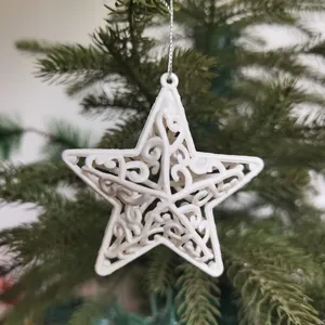 Close-up of a white hollowed-out star ornament hanging on a Christmas tree