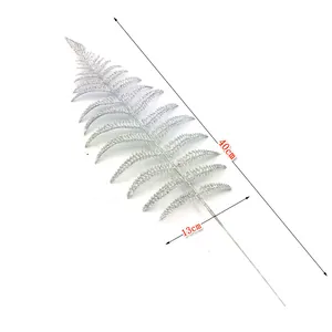 Silver glitter fern leaf for Christmas tree decoration, detail dimensions 40cm x 13cm