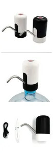 Rechargeable electric water pump detail showing metallic spout, silicone hose and USB charging cable.