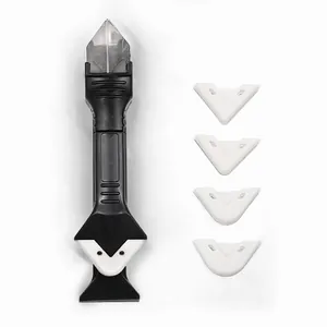 Multi-functional caulking tool detail view with black scraper and white edge smoothing accessories.