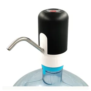 Close-up detail of the electric water pump stainless steel spout and switch button.