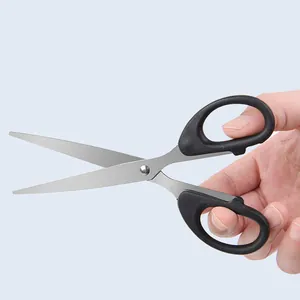 Stainless steel office stationery scissors with ergonomic black handle for daily use.