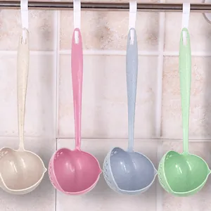 Long-handled soup colander 2-in-1 wheat straw filtering spoon detailed view in pastel colors.