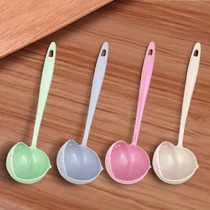 Wheat straw long handle soup ladle 2-in-1 colander set, multi-color kitchen cooking spoon.