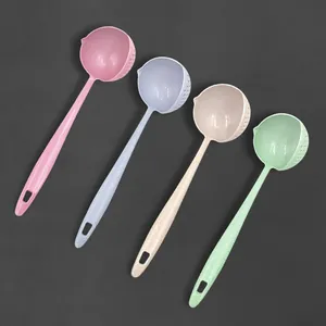 Wheat straw long handle soup colander spoon 2-in-1 kitchen tool detail view in multi colors