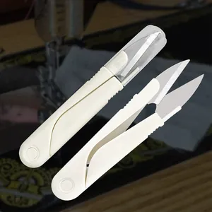 Piccola forbice pieghevole in acciaio inox, manico bianco, tagliafili per cucito e fai da te.