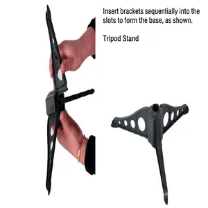 Step-by-step assembly of a black plastic tripod base for a 45cm Christmas tree.