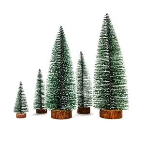 Mini Christmas Tree Snow Flocked Cedar Tree Desktop Tabletop Ornament With Wood Base For Christmas Party Decoration Home Office