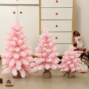 Lot de 3 mini sapins de Noël roses floqués pour une décoration de table festive et élégante