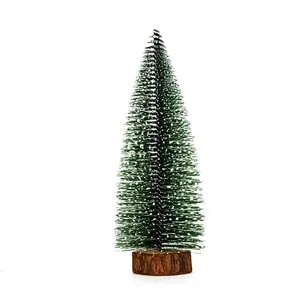 Detailed view of a mini cedar Christmas tree with a natural wooden base for holiday desktop decor